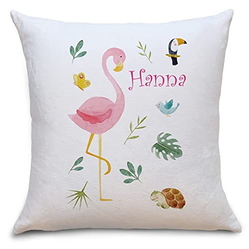OWLBOOK Flamingo Safari Tiere Flauschige Kissenhülle mit Spruch Personalisiert mit Namen Geschenke Geschenkideen für Mädchen zum Geburtstag Geburt Baby Kind von OWLBOOK