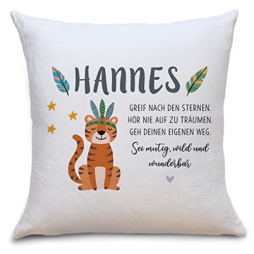 OWLBOOK Tiger Boho Flauschige Kissenhülle mit Lebensweisheiten Personalisiert mit Namen Geschenke Geschenkideen für Bruder zum Geburtstag Geburt Baby Junge von OWLBOOK