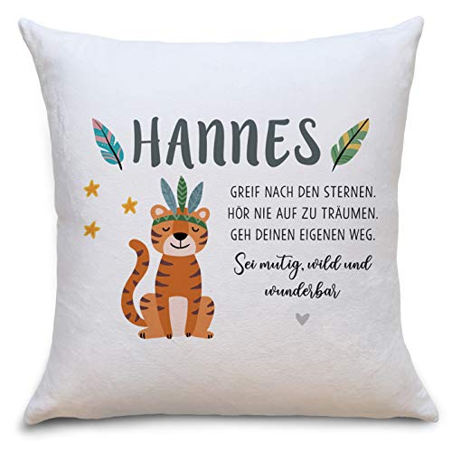 OWLBOOK Tiger Boho Flauschiges Kissen mit Füllung Personalisiert mit Namen Geschenke Geschenkideen für Bruder zum Geburtstag Geburt Baby Jungs von OWLBOOK