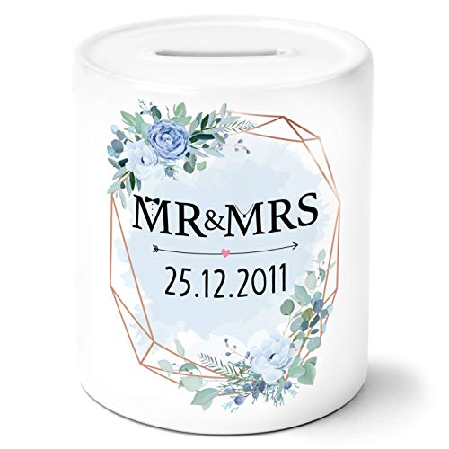 OWLBOOK Mr & Mrs Blumen blau mit Datum personalisiert Spardose Geldgeschenke Geschenkideen für das Brautpaar zur HochzeitGeburtstag von OWLBOOK