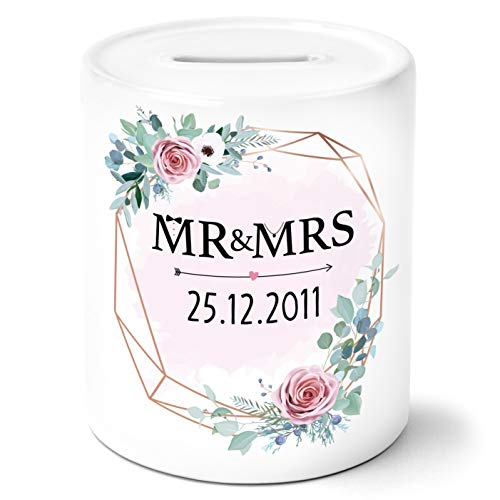 OWLBOOK Mr & Mrs Blumen rosa mit Datum personalisiert Spardose Geldgeschenke Geschenkideen für das Brautpaar zur HochzeitJahrestag von OWLBOOK