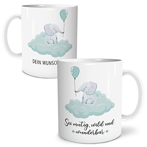OWLBOOK® Personalisierte Geschenke für Kinder Tasse Personalisiert Name Mutig wild und wunderbar Elefant Tasse mit Spruch für Kinder Baby Junge Mädchen zum Geburtstag Geburt Keramik 300 ml von OWLBOOK