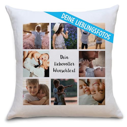 OWLBOOK® Personalisiertes Kissen mit Foto Bedrucken Lassen - Fotokissen mit 8 Fotos & Text selbst gestalten - Foto Kissen 40 x 40 cm weiß, optional mit Füllung von OWLBOOK