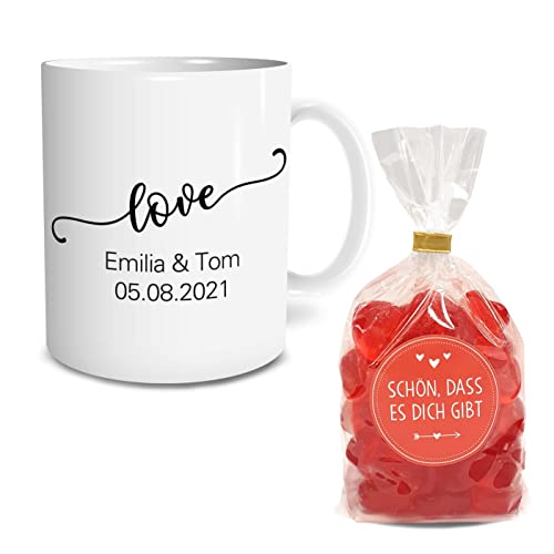 OWLBOOK® Personalisierte Geschenke Love Schnörkel Tasse Fruchtgummi Geschenke für Männer Geschenkideen Freundin Ehefrau Partner zum Geburtstag Valentinstag Jahrestag Weihnachten Keramik 300 ml von OWLBOOK