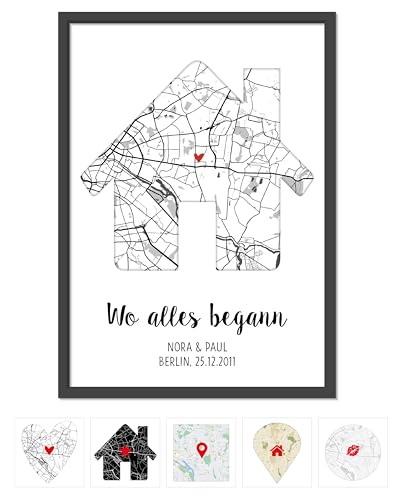 OWLBOOK® Personalisierte Geschenke für Frauen | Wo alles begann Bild mit Landkarte & Koordinaten | Geburtstagsgeschenk für Frauen | Hochzeitsgeschenk Hochzeit Jahrestag Einzug Weiß Haus Papier von OWLBOOK