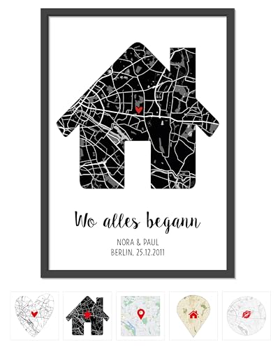OWLBOOK® Personalisierte Geschenke für Frauen | Wo alles begann Bild mit Landkarte & Koordinaten | Geburtstagsgeschenke für Frauen | Hochzeitsgeschenk Hochzeit Jahrestag Einzug Schwarz Papier von OWLBOOK