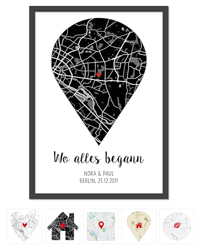OWLBOOK® Personalisierte Geschenke für Frauen | Wo alles begann Bild mit Landkarte & Koordinaten | Geburtstagsgeschenke für Frauen | Hochzeitsgeschenk Hochzeit Jahrestag Einzug Schwarz Papier von OWLBOOK