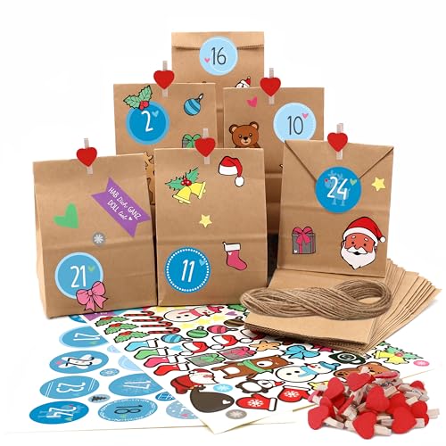 OWLBOOK Adventskalender zum Befüllen für Kinder 2023 V2 mit Schnur und Klammer inklusive 25 Tüten zum befüllen mit 113 Aufkleber zum individuel Gestalten - Zahl Blau von OWLBOOK