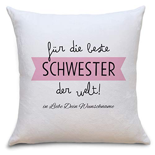 OWLBOOK Beste Schwester Flauschiges Kissen mit Aufschrift Personalisiert mit Namen Geschenke Geschenkideen für Schwester zum Geburtstag Zierkissen mit Füllung von OWLBOOK