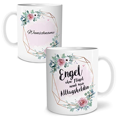 OWLBOOK® Personalisierte Geschenke für Frauen Tasse Personalisiert Name Engel Alltagsheldin Tasse mit Spruch Geschenke Geschenkideen für alle Alltagsheldinnen als Dankeschön Keramik 300 ml von OWLBOOK