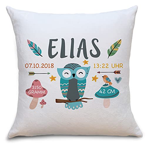 OWLBOOK Geburtskissen Eule Boho Flauschiges Kissen mit Namen und Geburtsdaten Geschenke Geschenkideen zur Geburt Baby Kind Mädchen Junge zum Geburtstag von OWLBOOK