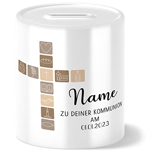 OWLBOOK Kommunion Kreuz mit Symbolen beige Spardose personalisiert Geschenk Kommunion Geschenke für Mädchen und Junge Gastgeschenk Geldgeschenke Erstkommunion von OWLBOOK