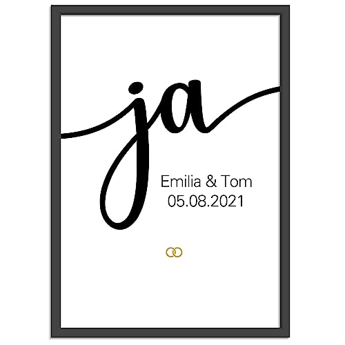 OWLBOOK Motiv Ja Poster Bild A4 personalisiert Hochzeitsgeschenk personalisiert mit Namen und Datum für Brautpaar personalisiertes Hochzeitsgeschenk Bilderrahmen Hochzeit Geschenke für von OWLBOOK