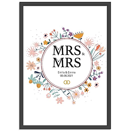 OWLBOOK Mrs & Mrs Bild A4 personalisiert Hochzeitsgeschenk personalisiert mit Namen und Datum für lesbisches Brautpaar personalisiertes Hochzeitsgeschenk Bilderrahmen Hochzeit Geschenke für 2 von OWLBOOK