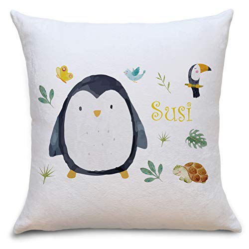 OWLBOOK Pinguin Safari Tiere Flauschige Kissenhülle mit Spruch Personalisiert mit Namen Geschenke Geschenkideen zur Geburt Baby Kind Mädchen Junge zur Taufe Baby von OWLBOOK