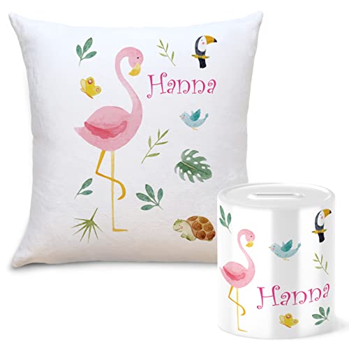 OWLBOOK Safari Flamingo Geschenkset Kinder Spardose und Kissen Personalisiert mit Namen Geschenke Geschenkideen für Kinder Baby Junge Mädchen zum GeburtstagWeihnachten Einschulung Taufe Geburt von OWLBOOK