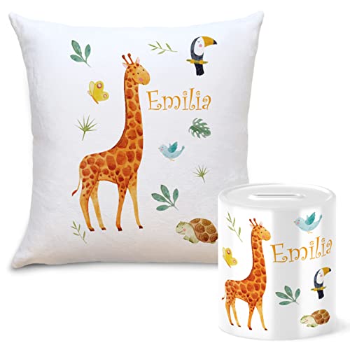 OWLBOOK Safari Giraffe Geschenkset Kinder Spardose und Kissen Personalisiert mit Namen Geschenke Geschenkideen für Kinder Baby Junge Mädchen zum GeburtstagWeihnachten Einschulung Taufe Geburt von OWLBOOK