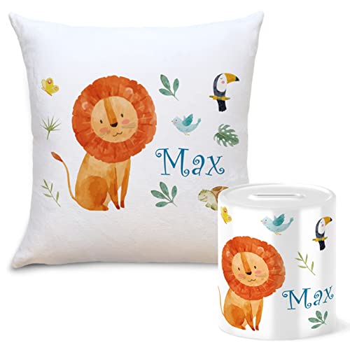 OWLBOOK Safari Löwe Geschenkset Kinder Spardose und Kissen Personalisiert mit Namen Geschenke Geschenkideen für Kinder Baby Junge Mädchen zum GeburtstagWeihnachten Einschulung Taufe Geburt von OWLBOOK