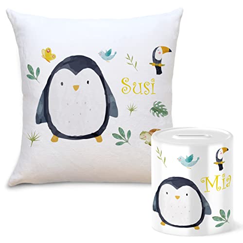 OWLBOOK Safari Pinguin Geschenkset Kinder Spardose und Kissen Personalisiert mit Namen Geschenke Geschenkideen für Kinder Baby Junge Mädchen zum GeburtstagWeihnachten Einschulung Taufe Geburt von OWLBOOK