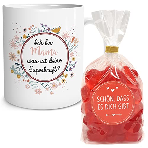 OWLBOOK® Geschenke für Mama zu Weihnachten Geschenke für Frauen Superkraft Mama Tasse mit Fruchtgummi Weihnacht Geschenke für Mama Geburtstag Geschenk Muttertag Weihnachten Keramik 300 ml von OWLBOOK