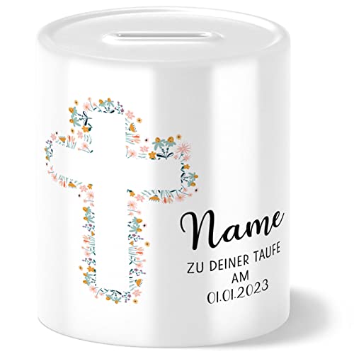 OWLBOOK Taufe Kreuz mit Blumen Spardose personalisiert zur Taufe für Mädchen und Jungen Jungs als Taufgeschenk Geschenk Geschenkidee Geldgeschenk Dekoration von OWLBOOK