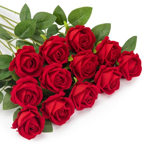 OWLKELA 12 Stück Rot Künstliche Rosen, Künstliche Flanellblumen, Künstliche Blumen, Einzelne Langstielige Blumen, Realistische Dekorative Blumen für Hochzeit, Haus, Garten, Dekoration von OWLKELA