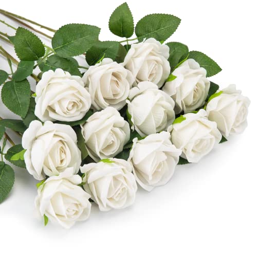 OWLKELA 12 Stück Weiß Künstliche Rosen, Künstliche Flanellblumen, Künstliche Blumen, Einzelne Langstielige Blumen, Realistische Dekorative Blumen für Hochzeit, Haus, Garten, Dekoration von OWLKELA