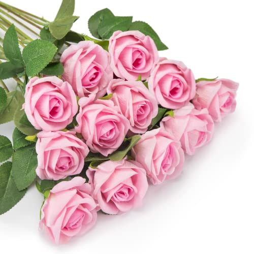 OWLKELA 12 Stück künstliche Rosen, künstliche Flanellblumen, einzelner langer Stiel blüht mit Rosenknospen, realistische dekorative Blumen für Hochzeit, Garten, Geburtstagsparty-Dekoration (rosa) von OWLKELA