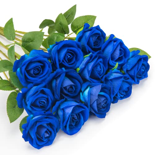 OWLKELA 12 Stück Blau Künstliche Rosen, Künstliche Flanellblumen, Künstliche Blumen, Einzelne Langstielige Blumen, Realistische Dekorative Blumen für Hochzeit, Haus, Garten, Dekoration von OWLKELA