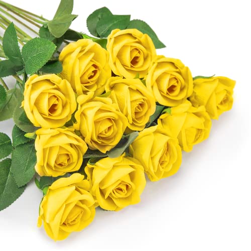 OWLKELA 12 Stück Rosen, Flanellblumen, einzelner langer Stiel blüht mit Rosenknospen, realistische dekorative Blumen für Hochzeit, Garten, Geburtstagsparty-Dekoration (gelb), Einheitsgröße von OWLKELA