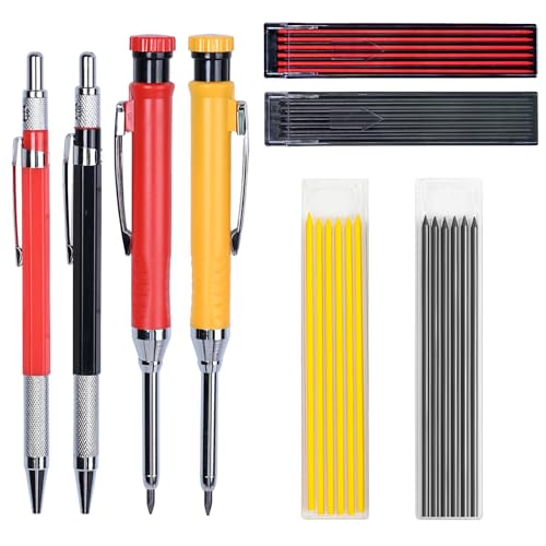 OWLMATE 4 Stück Tieflochmarker Bleistift, Markierstifte, Tiefenlochmarker, Tischler Bleistift Mit 36 Minen Eingebautem Spitzer, Tischler Bleistift für Architektenbau (Schwarz, Rot, Gelb) von OWLMATE