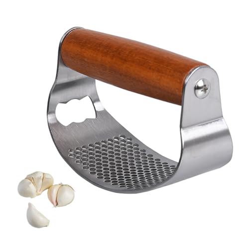 OWLMATE Knoblauchpresse Edelstahl Knoblauchpresse Wippe Mit Holzgriff Knoblauchwippe Innovatives Design Einfache Reinigung für Küchenhilfe von OWLMATE