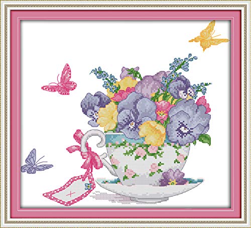 Kreuzstich Stickpackungen Vorgedruckt, OWN4B Schmetterling Orchidee im Pokal Bilder 11CT 16,9x15,4 Zoll DIY Stickpackung Set von OWN4B