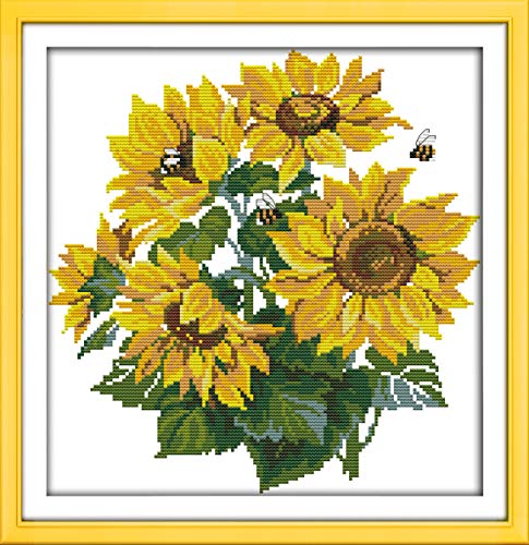 Kreuzstich Stickpackungen Vorgedruckt, OWN4B Sonnenblumen Bilder 11CT 16,1x16,5 Zoll DIY Stickpackung Set von OWN4B