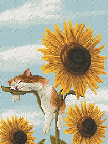OWN4B Kreuzstich Stickpackungen Vorgedruckt, Sonnenblumen und Katze Bilder 11CT 15,0x18,9 Zoll DIY Stickpackung Set von OWN4B