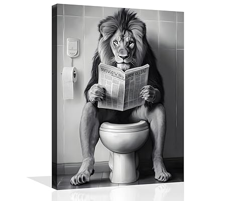 OWNANRTHM Löwe Badezimmer Leinwand Wandkunst Lustiges Tier Badezimmer Wandkunst Löwe auf Toilette Badezimmer Gemälde Schwarz und Weiß Tier Badezimmer Bilder für Badezimmer Toilette Wand gerahmt 30,5 x von OWNANRTHM
