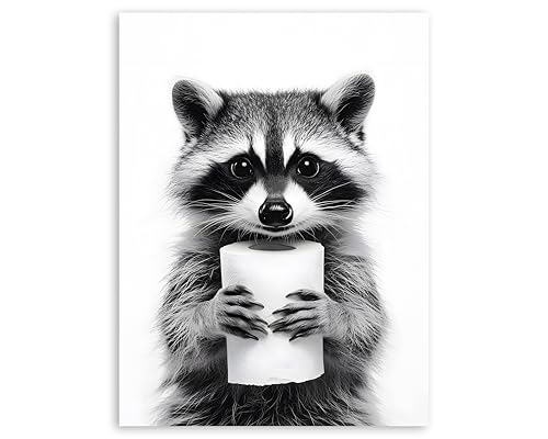 OWNANRTHM Waschbär-Badezimmer-Wandkunst, lustiges Tier, Badezimmer, Leinwand, Wandkunst, Waschbär, Toilettenpapier, Drucke, Tier-Bild für Waschbär, Badezimmer-Dekor, Poster für Badezimmer, Toilette von OWNANRTHM