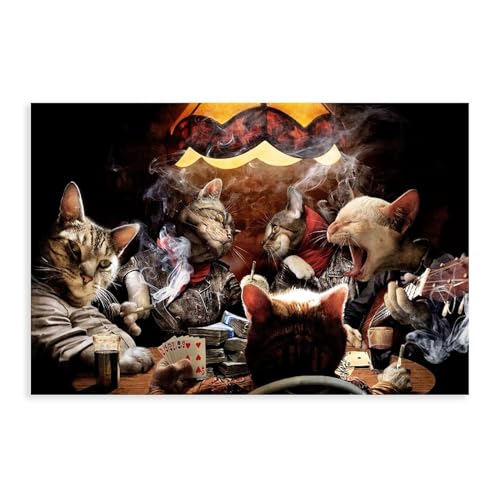 OWNPET Lustiges Leinwand-Poster, Motiv: Katzen, die Poker spielen und singen und rauchen, Wandkunst, Dekor, Bild, Gemälde für Wohnzimmer, Schlafzimmer, Dekoration, ungerahmt, 60 x 90 cm von OWNPET