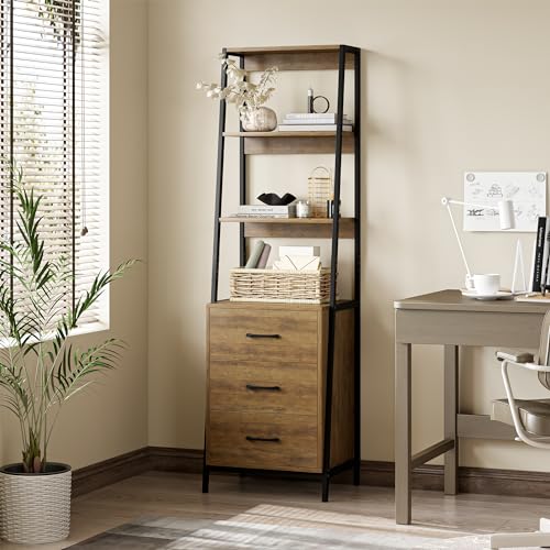3-stöckiges Leiterregal mit 3 Schubladen, aus Holz und Metall, stilvolles Aufbewahrungsregal für Wohnzimmer, Schlafzimmer, Heimdekoration, Buchnizer (braun) von OWOHYG