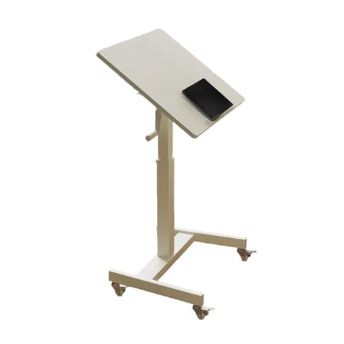 Mobiler Schreibtisch mit Rädern, klappbarer, höhenverstellbarer Arbeitsplatz, Blockierstange gegen Verrutschen, Nachttisch für das Arbeitszimmer im Homeoffice, Teak-Finish, Weiß, 60 × 52 cm (24 × 20 von OWOHYG