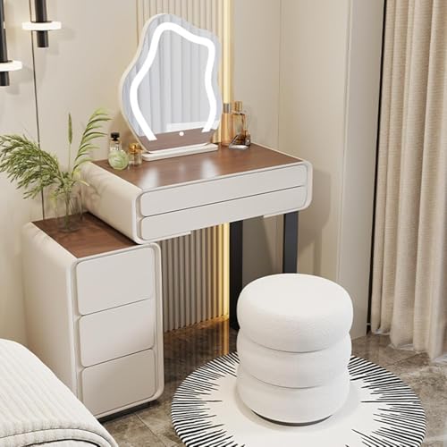 OWOHYG Eleganter Schminktisch mit LED-Spiegel und Schubladen, Schminktisch aus Holz mit gepolstertem Hocker, Moderne Schlafzimmermöbel für kleine Räume – Grau, Typ B, 50 cm von OWOHYG