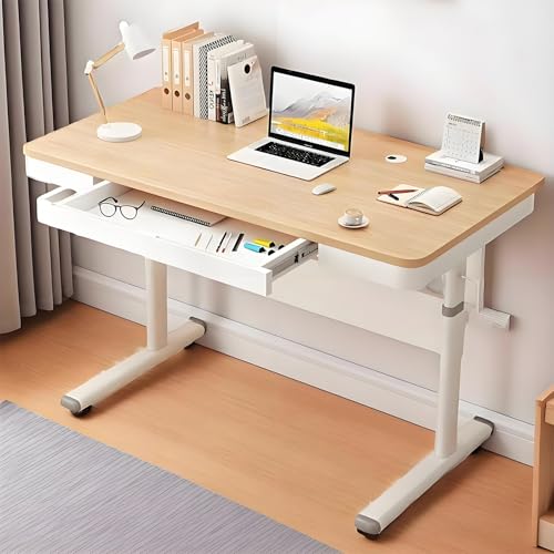 OWOHYG Höhenverstellbarer Schreibtisch mit Schublade, Arbeitstisch aus Massivholz, Büroschreibtisch mit Kurbel, Home-Office-Möbel, ergonomische Arbeitsplatzlösung, Natur, 80 x 60 cm von OWOHYG