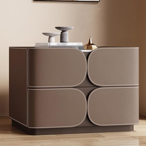 OWOHYG Nachttisch mit Schieferplatten, Nachttisch, weißer Nachttisch mit Schutzzaun-Design, Zwei Schubladen, integrierter Standfuß – Keine Installation erforderlich, Heller Kaffee, 50 cm von OWOHYG
