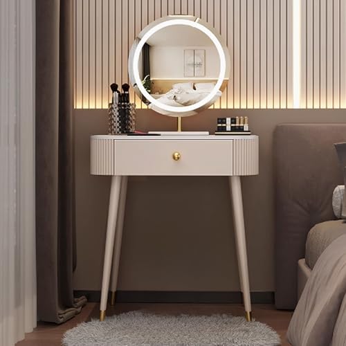 OWOHYG Schminktisch mit Schubladen, weiß beleuchteter Frisiertisch für kleine Räume, Schminktisch aus Massivholz und Schiefer mit Spiegel, runder Hocker inklusive, ohne Hocker, 70 x 40 x 77 cm von OWOHYG