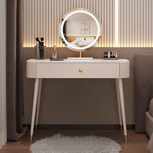 OWOHYG Schminktisch mit Schubladen, weiß beleuchteter Frisiertisch für kleine Räume, Schminktisch aus Massivholz und Schiefer mit Spiegel, runder Hocker inklusive, ohne Hocker, 80 x 40 x 77 cm von OWOHYG