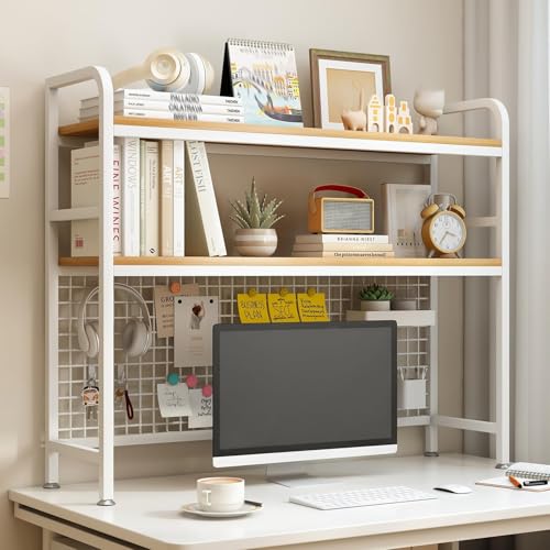 OWOHYG Schreibtisch mit 2 Ebenen, verstellbarer Schreibtisch mit Gitterplatte, Metall-Aufbewahrungsregal, multifunktional, freistehend, Bücherregal, Organizer, für Wohnheim (Eiche, B 135 cm) von OWOHYG