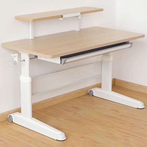 Stehpult mit versteckten Schubladen und Bücherregalen, per Handkurbel Verstellbarer Büroschreibtisch, mobiler Stehpult für das Home Office – Weiß, Natur, 120 x 60 cm von OWOHYG
