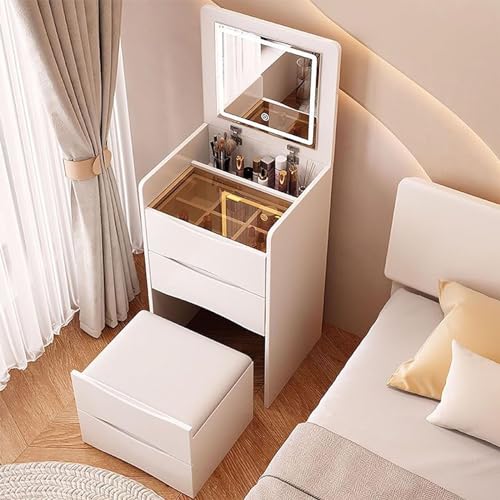 Stilvoller grauer Schminktisch mit hochklappbarem Spiegel, 3-farbiger LED-Beleuchtung, Aufbewahrungsschublade, kompakter Schminktisch für Frauen – perfekt für Schlafzimmer oder Ankleidezimmer, Weiß, von OWOHYG