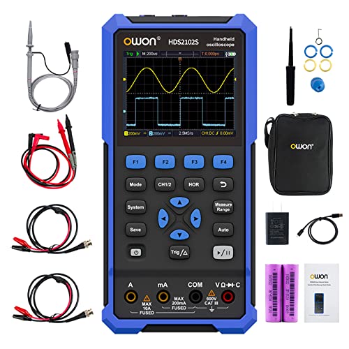 OWON HDS2102S 3 in 1 Handoszilloskop, 100MHz Bandbreite USB Typ C mit 3,5 Zoll LCD Display, 20000 Zählungen Digital multimeter, 2Kanal Digital Oszilloskop und 1Kanal Wellenformgenerator von OWON