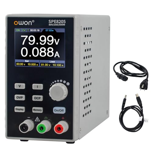 OWON Labornetzteil (0–80 V, 0–20 A), programmierbares DC-Netzteil mit max. 500 W Ausgangsleistung, 2,8-Zoll-LCD-Display und Ausgangs-Aktivierungs-/Deaktivierungstaste SPE8205 von OWON
